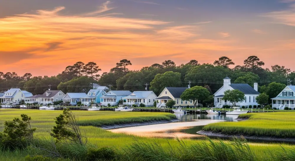 Waterfront homes and docked boats above the marsh grass at sunset near Supply